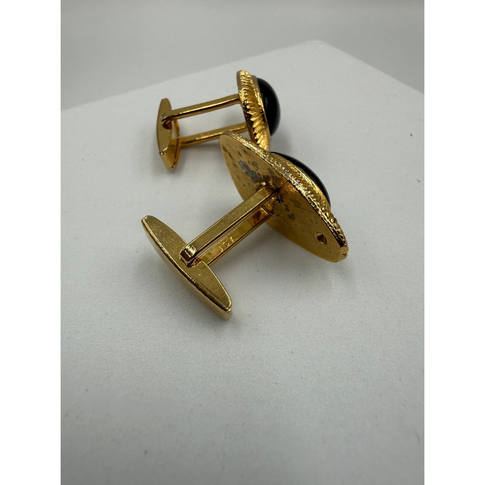Vintage USA Gold Tone Faux Tigers Eye Striped Cabochon Cufflinks Retro Mens - Picture 2 of 5